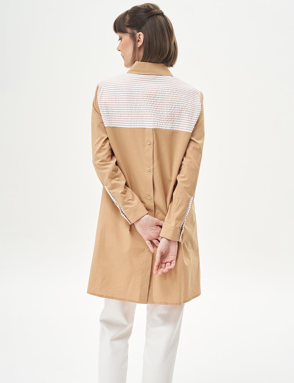 Poplin Tunic with Back Half-Button Closure Beige