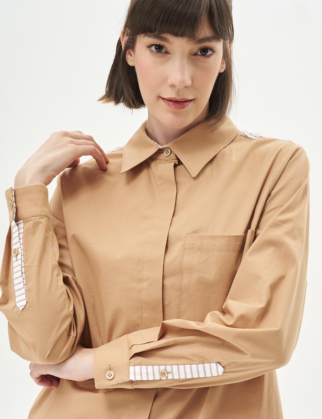 Poplin Tunic with Back Half-Button Closure Beige