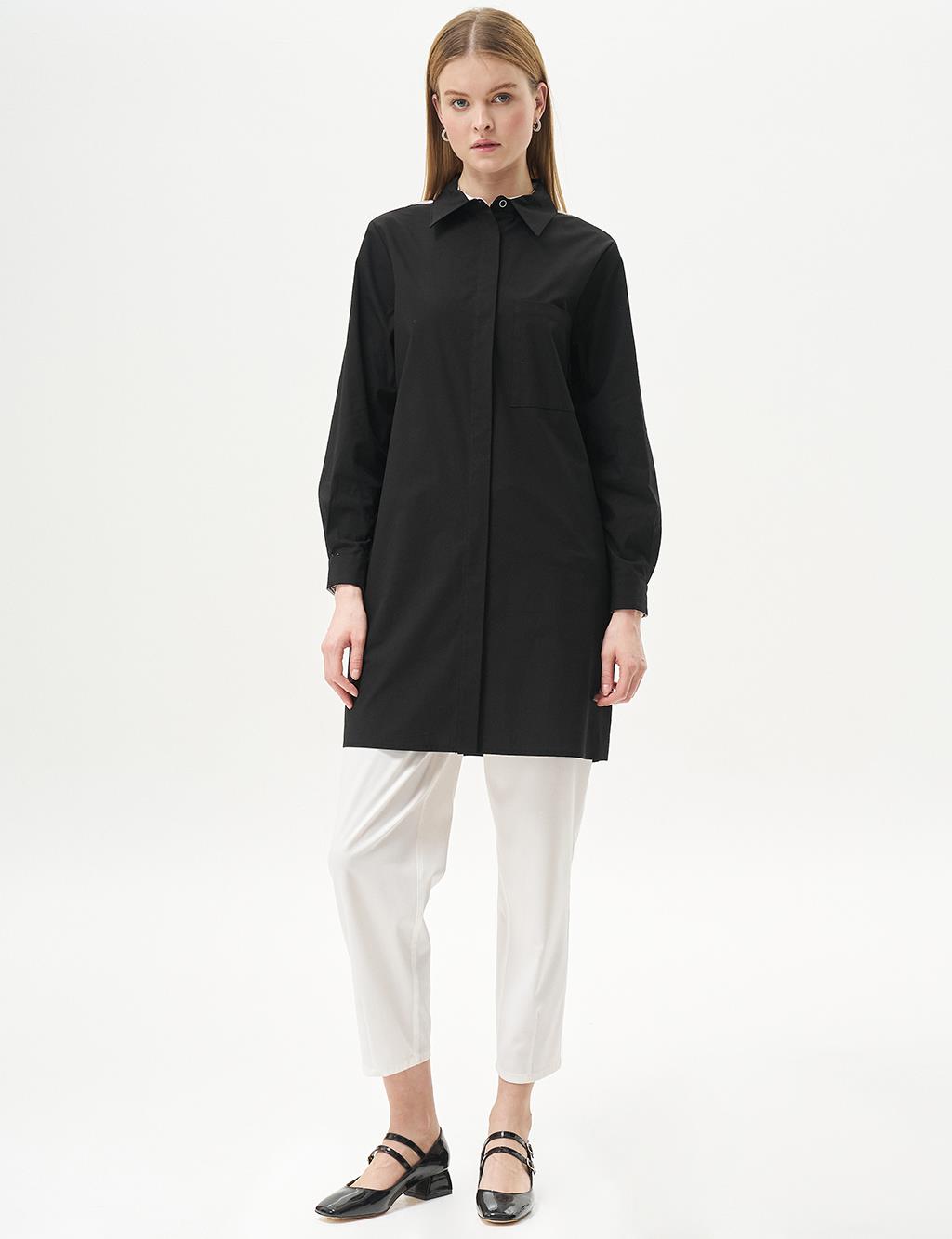 Poplin Tunic with Back Half-Button Closure Black