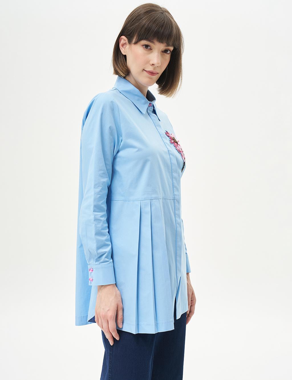 Floral Embroidered Pleated Poplin Tunic Powder Smoke