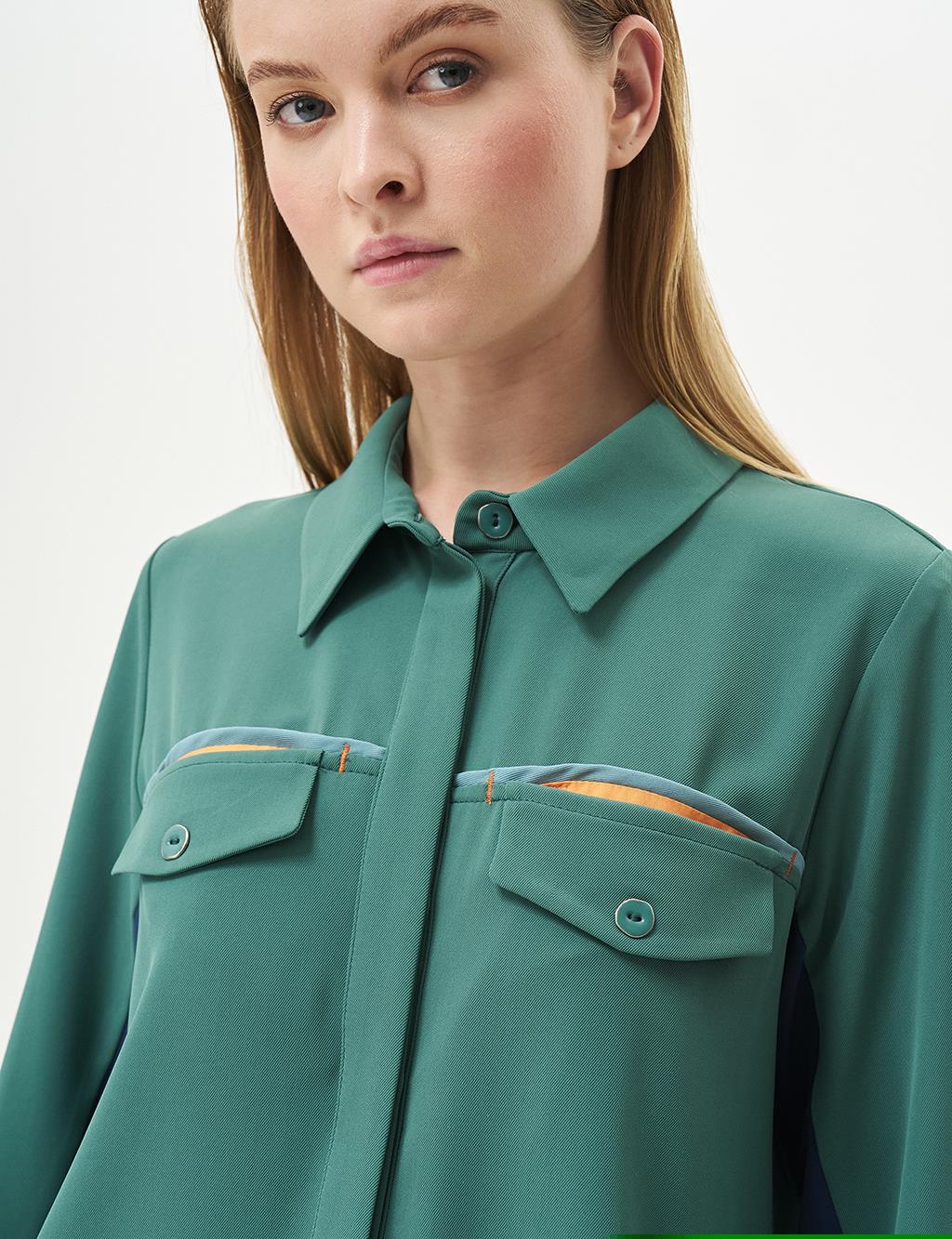 Flap Pocket Shirt Collar Tunic Green