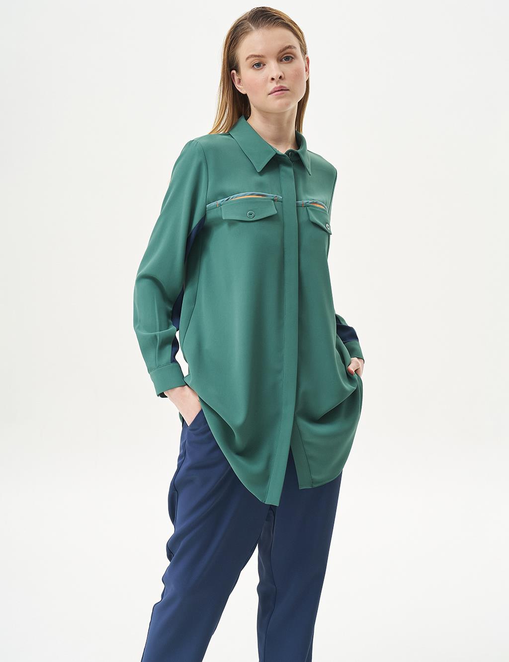 Flap Pocket Shirt Collar Tunic Green