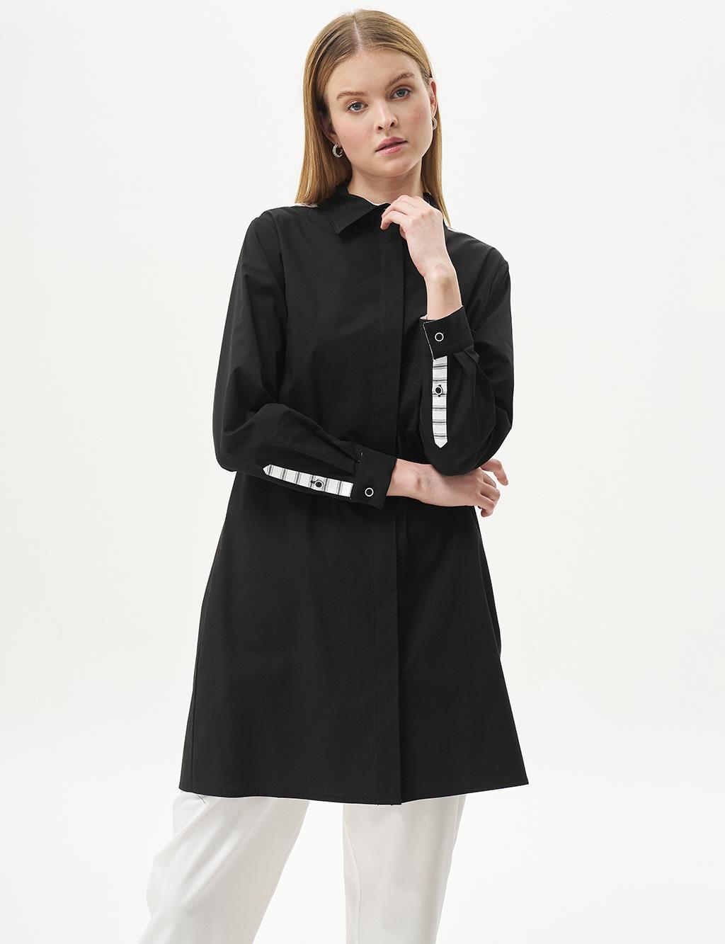 Poplin Tunic with Back Half-Button Closure Black