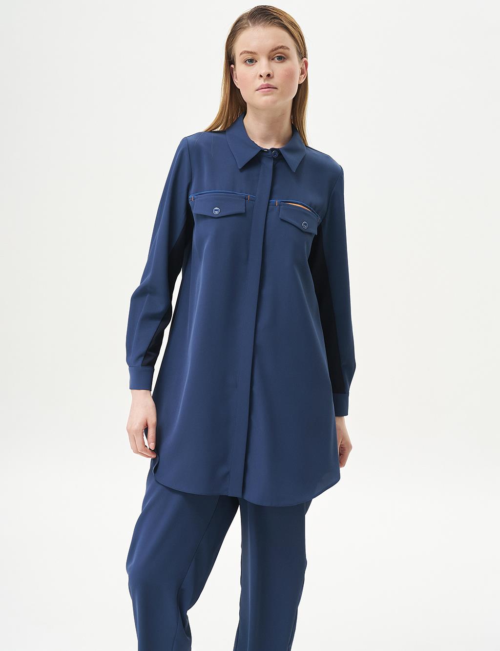 Flap Pocket Shirt Collar Tunic Indigo