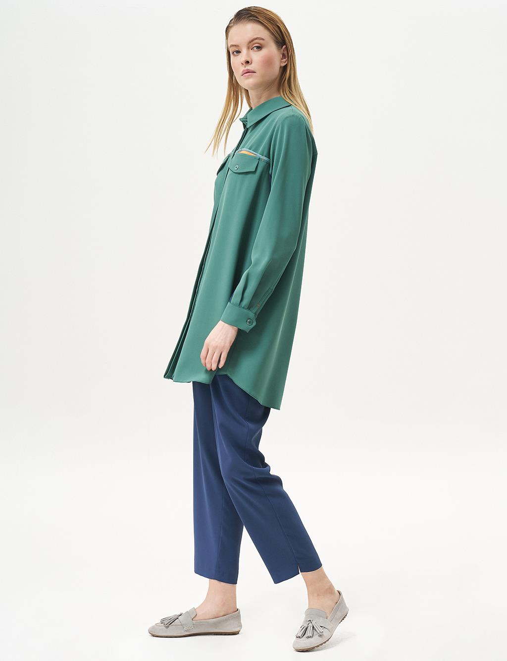 Flap Pocket Shirt Collar Tunic Green