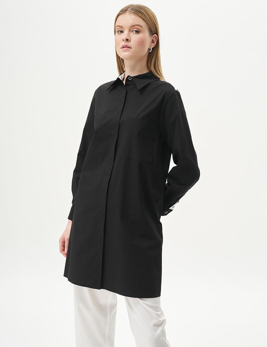 Poplin Tunic with Back Half-Button Closure Black