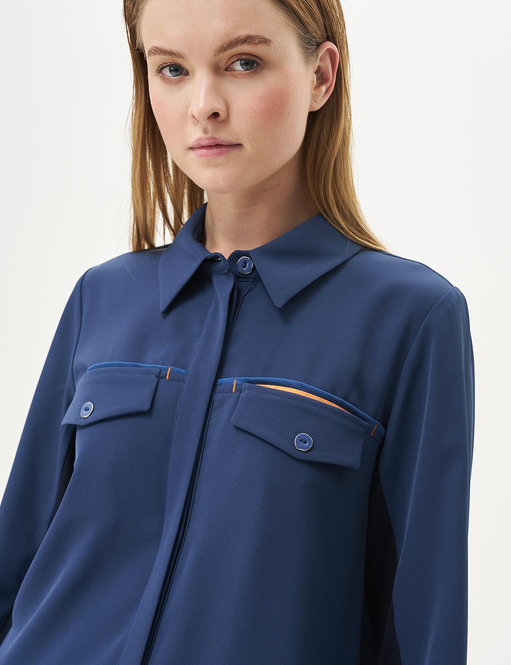 Flap Pocket Shirt Collar Tunic Indigo