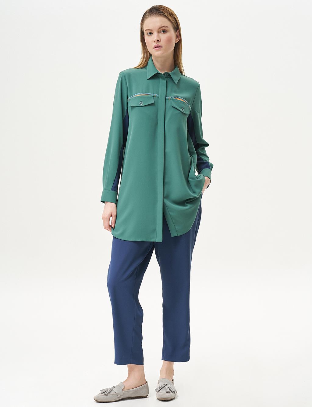 Flap Pocket Shirt Collar Tunic Green