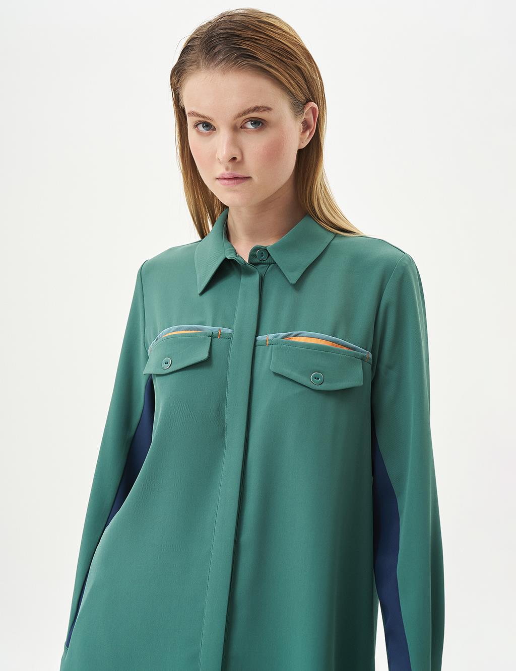 Flap Pocket Shirt Collar Tunic Green