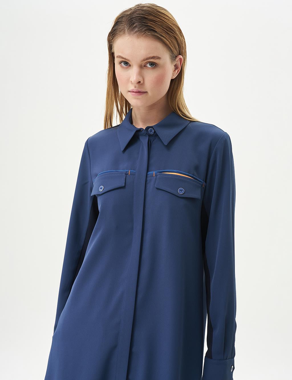 Flap Pocket Shirt Collar Tunic Indigo