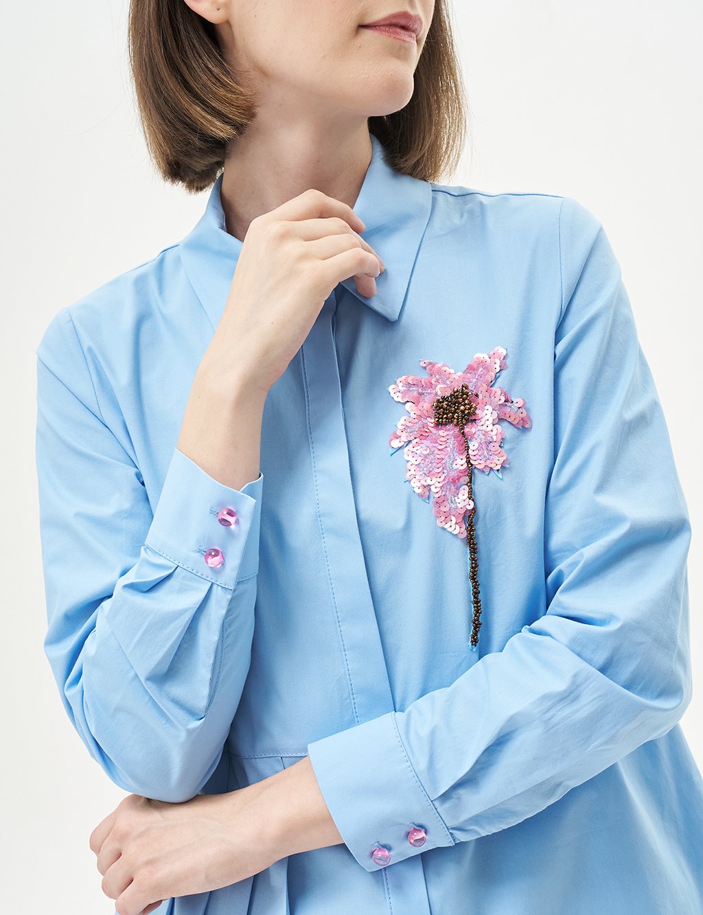 Floral Embroidered Pleated Poplin Tunic Powder Smoke