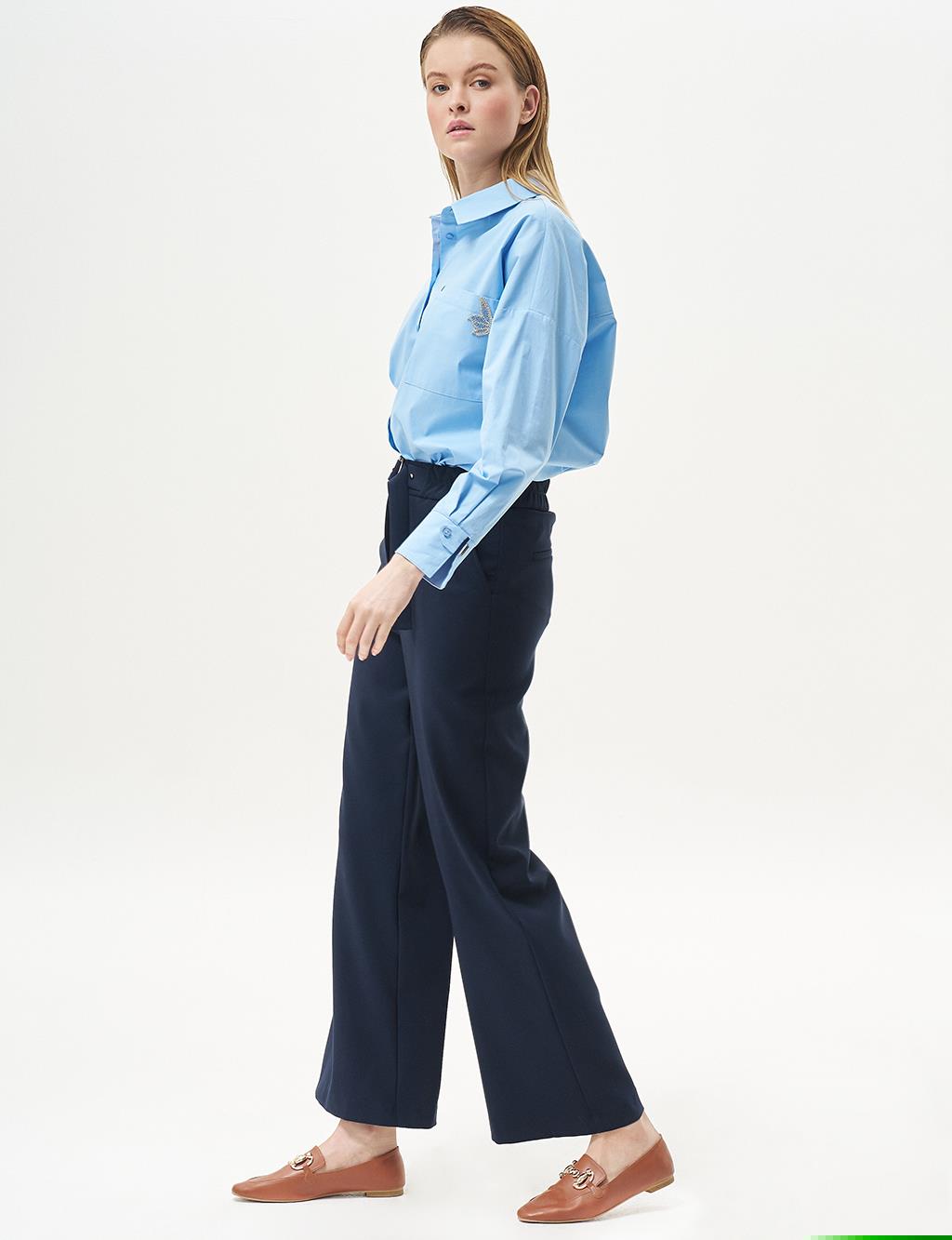 Adjustable Waist Wide Leg Trousers Dark Navy Blue