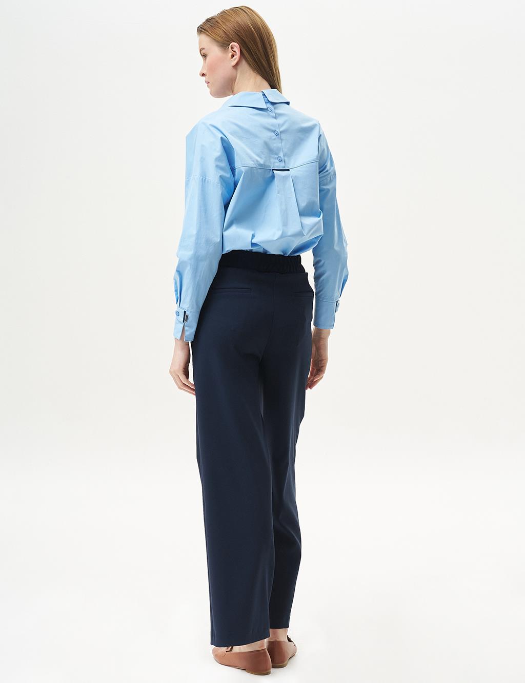 Adjustable Waist Wide Leg Trousers Dark Navy Blue
