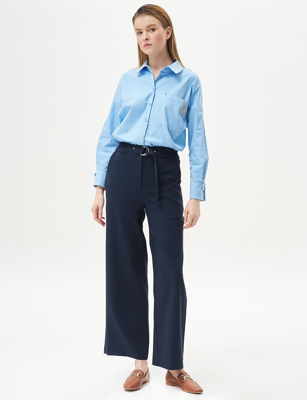 Adjustable Waist Wide Leg Trousers Dark Navy Blue