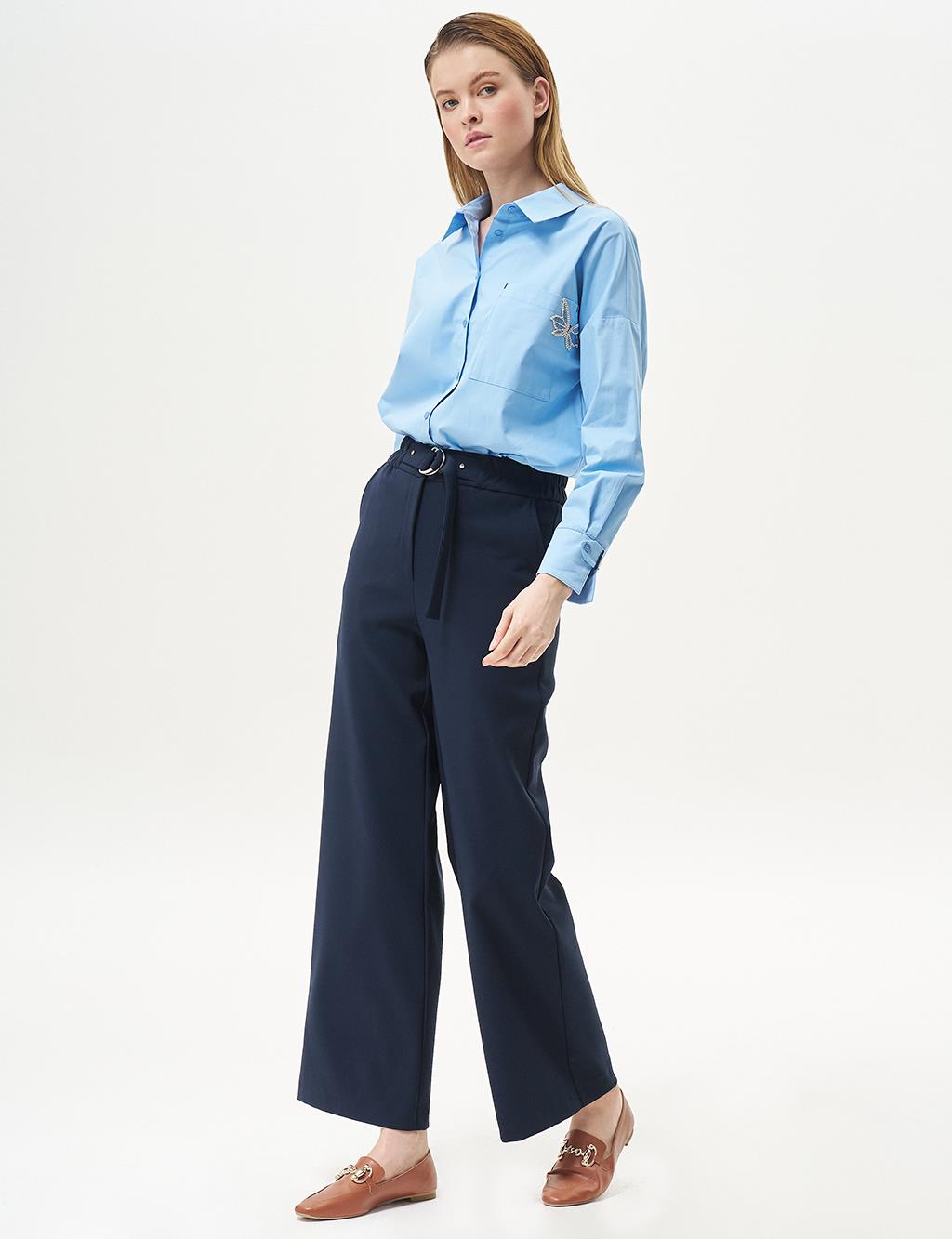 Adjustable Waist Wide Leg Trousers Dark Navy Blue