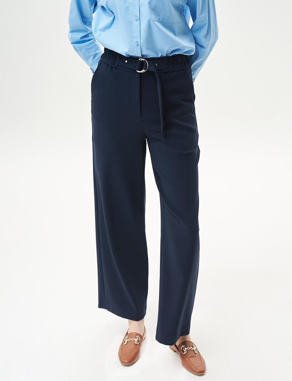 Adjustable Waist Wide Leg Trousers Dark Navy Blue