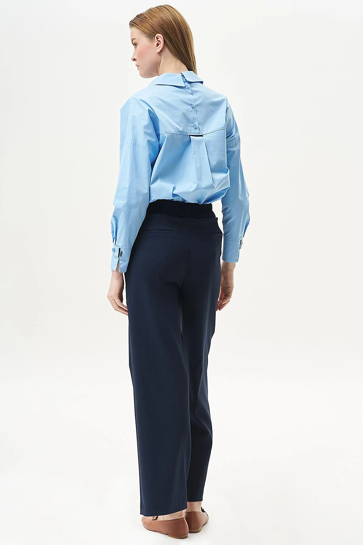 Adjustable Waist Wide Leg Trousers Dark Navy Blue