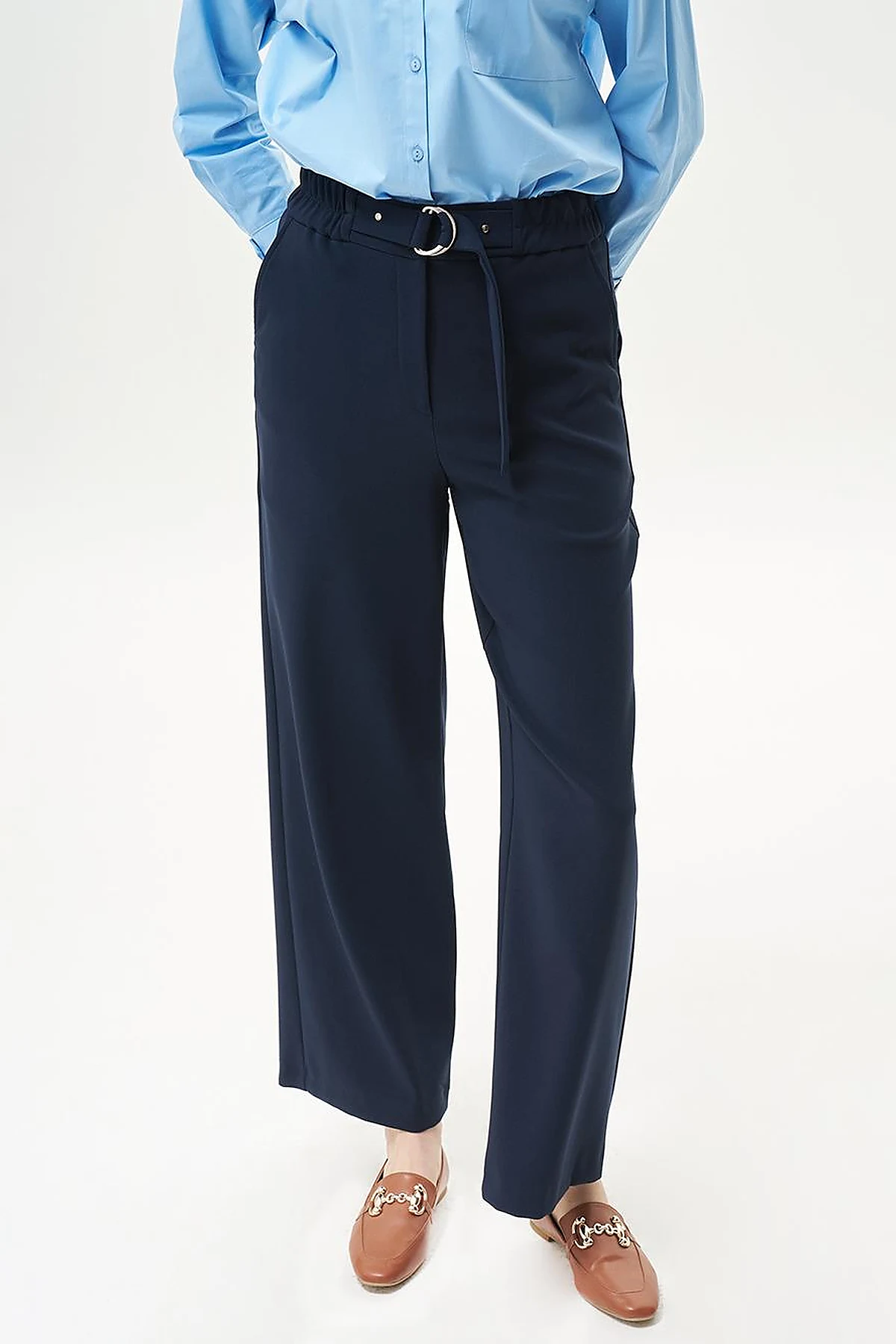 Adjustable Waist Wide Leg Trousers Dark Navy Blue