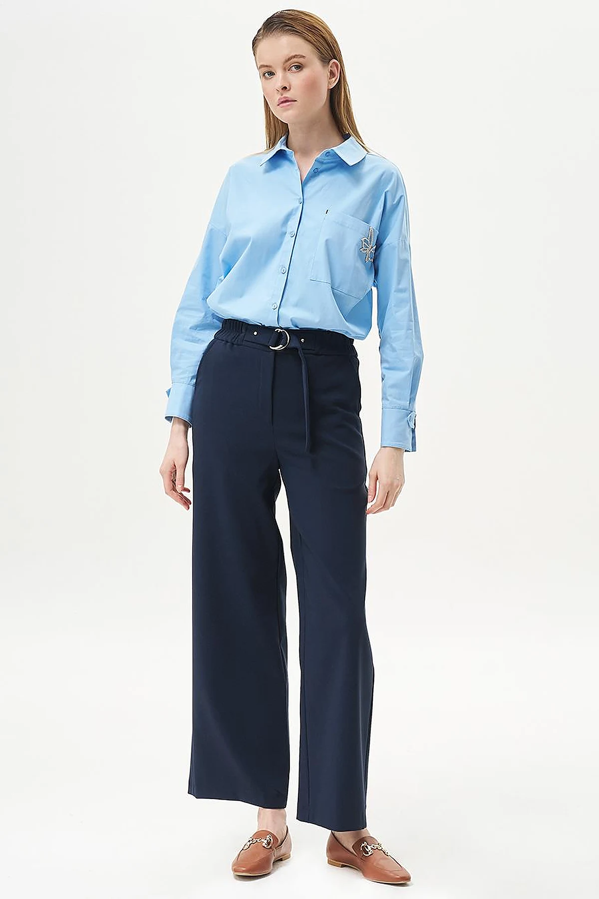 Adjustable Waist Wide Leg Trousers Dark Navy Blue