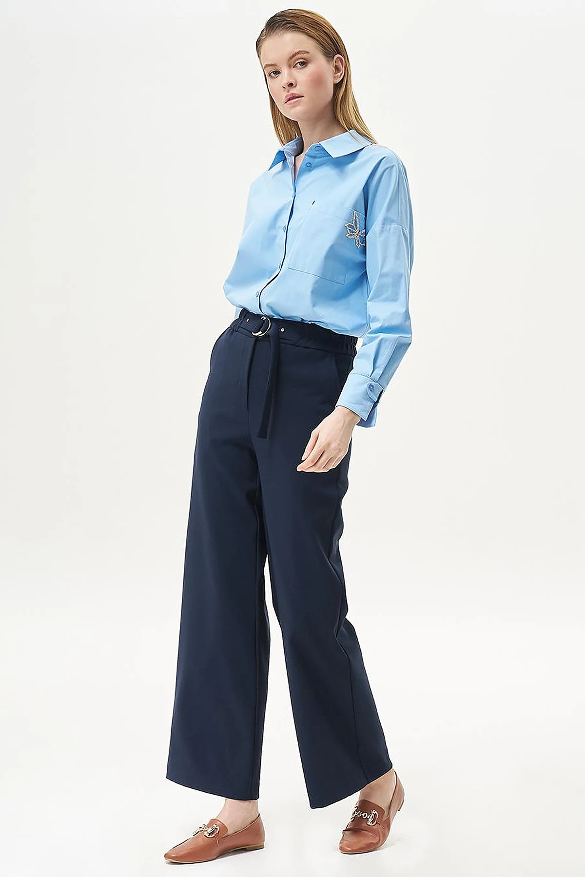 Adjustable Waist Wide Leg Trousers Dark Navy Blue