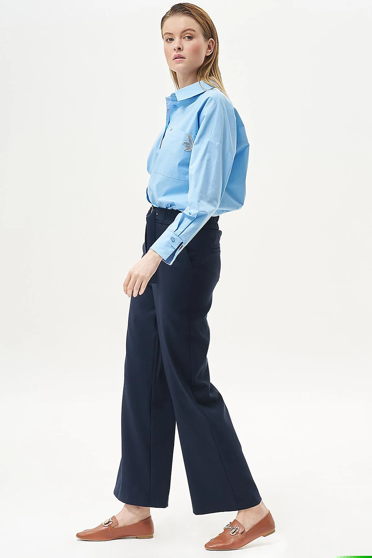 Adjustable Waist Wide Leg Trousers Dark Navy Blue