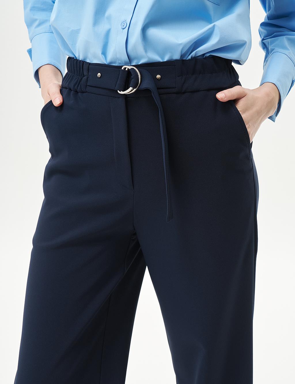 Adjustable Waist Wide Leg Trousers Dark Navy Blue