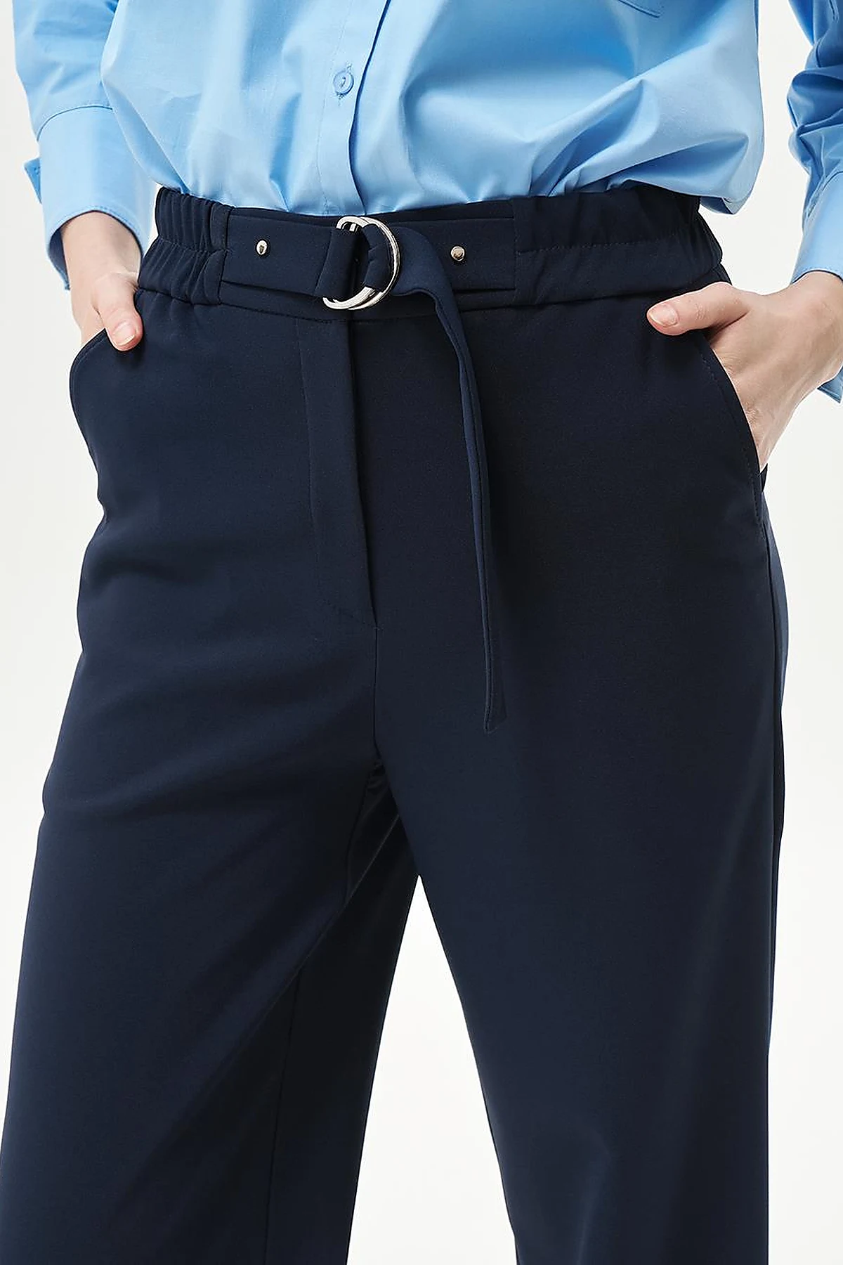 Adjustable Waist Wide Leg Trousers Dark Navy Blue