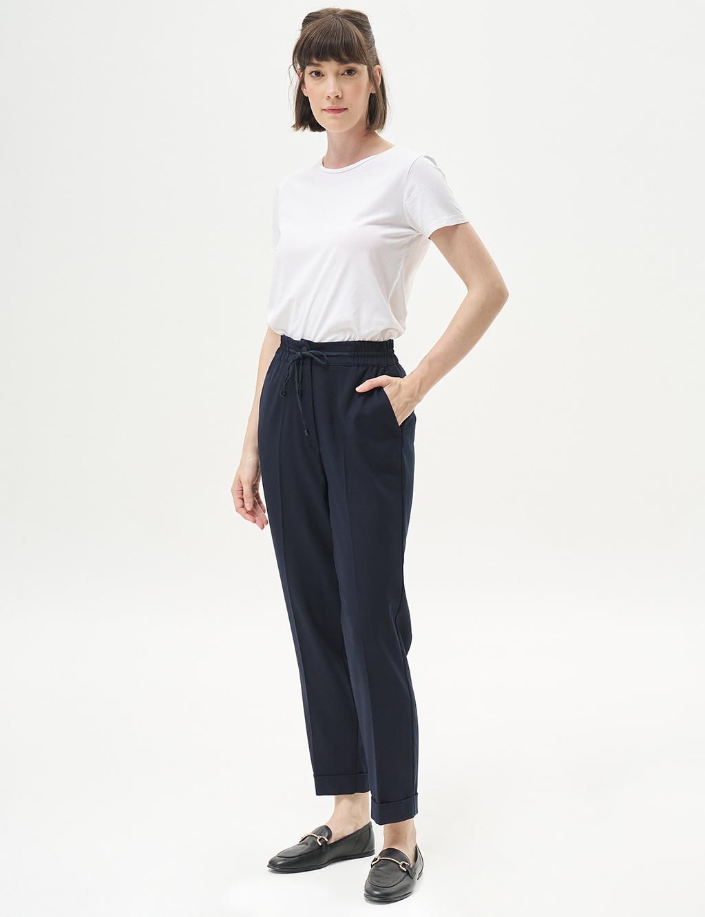 Elastic Waist Chest Trousers Dark Navy Blue