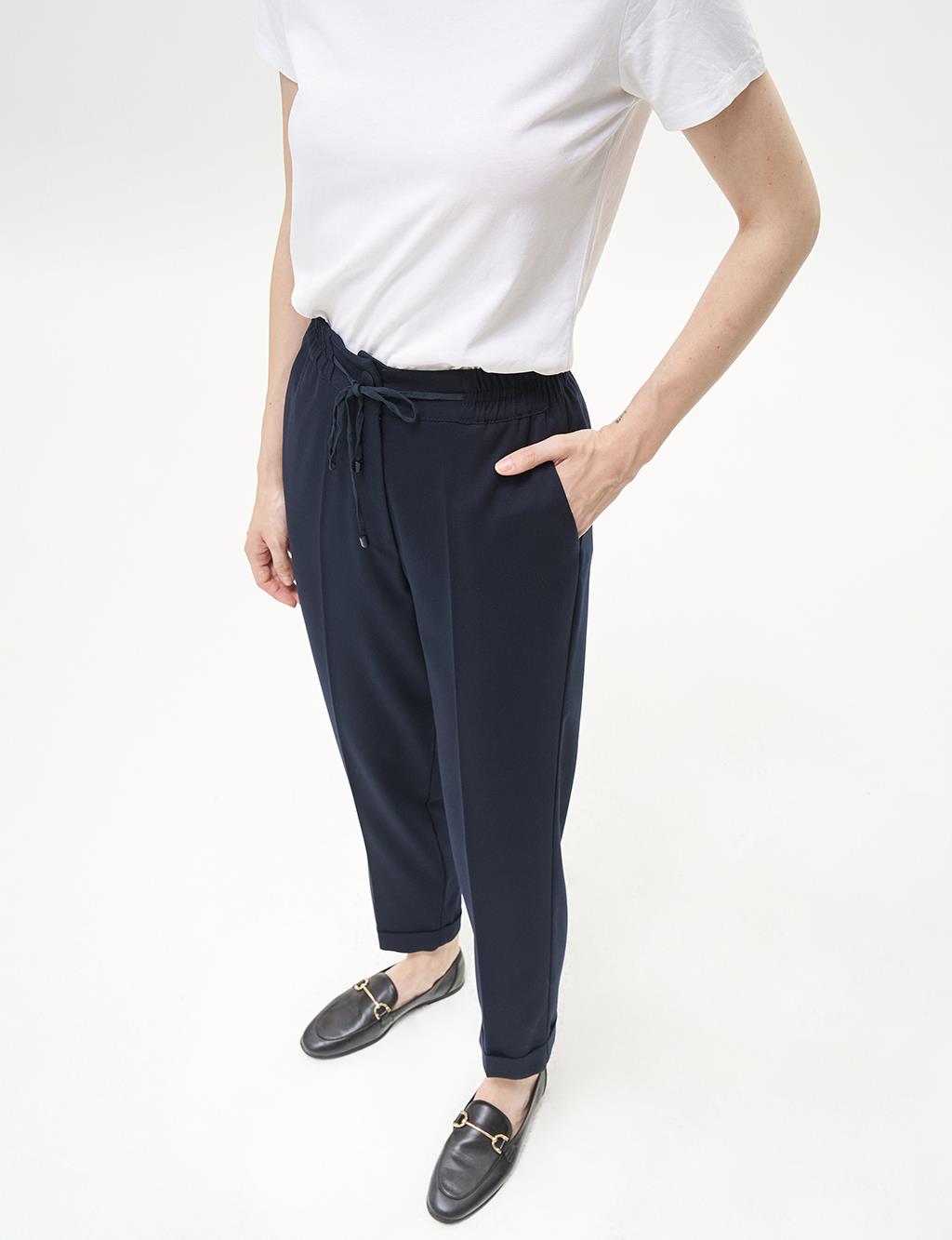 Elastic Waist Chest Trousers Dark Navy Blue