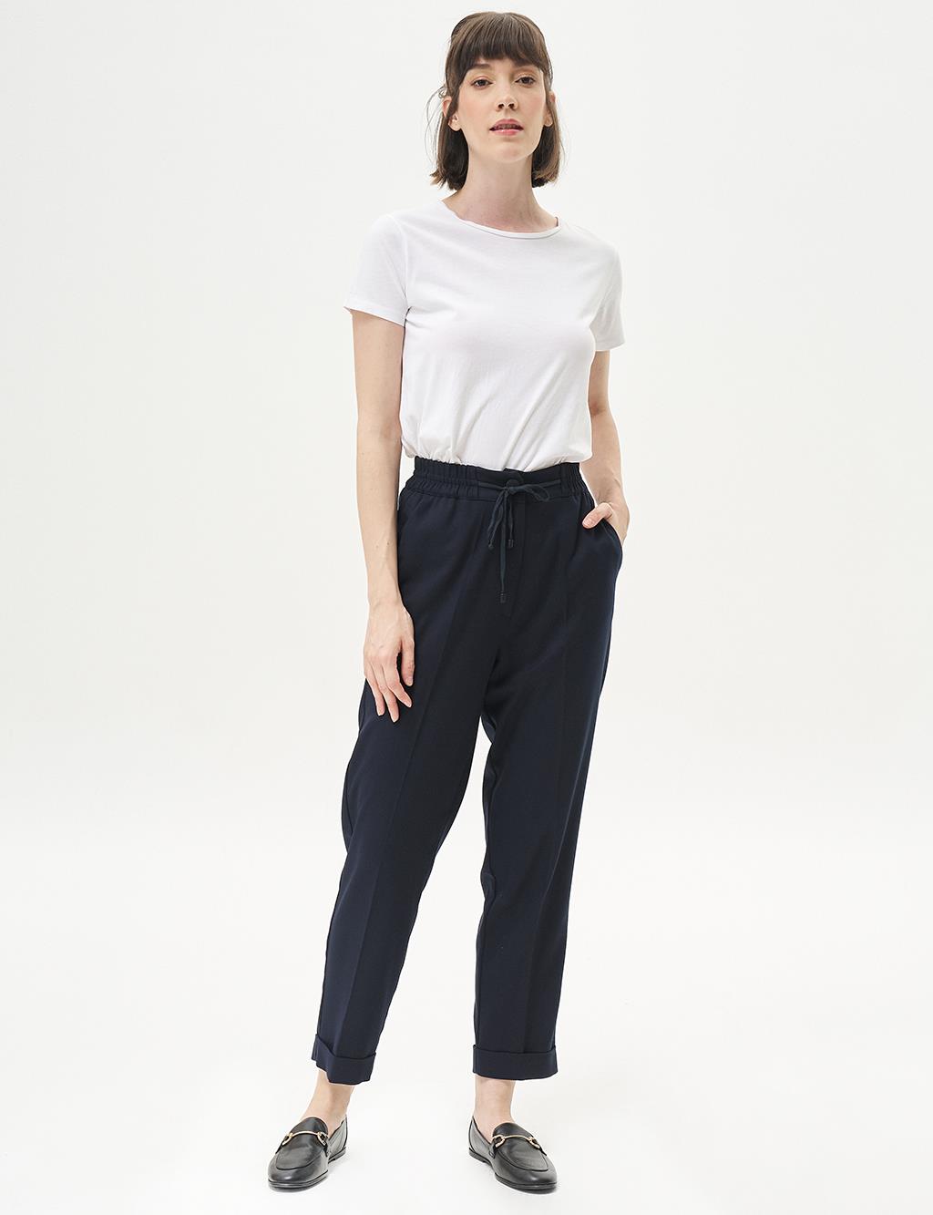 Elastic Waist Chest Trousers Dark Navy Blue