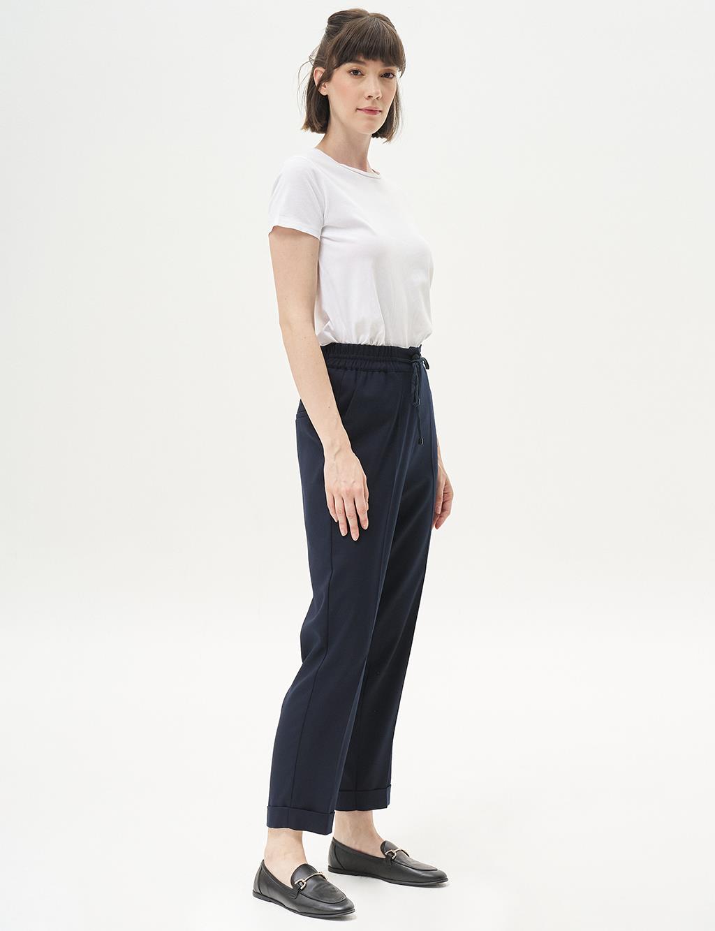 Elastic Waist Chest Trousers Dark Navy Blue