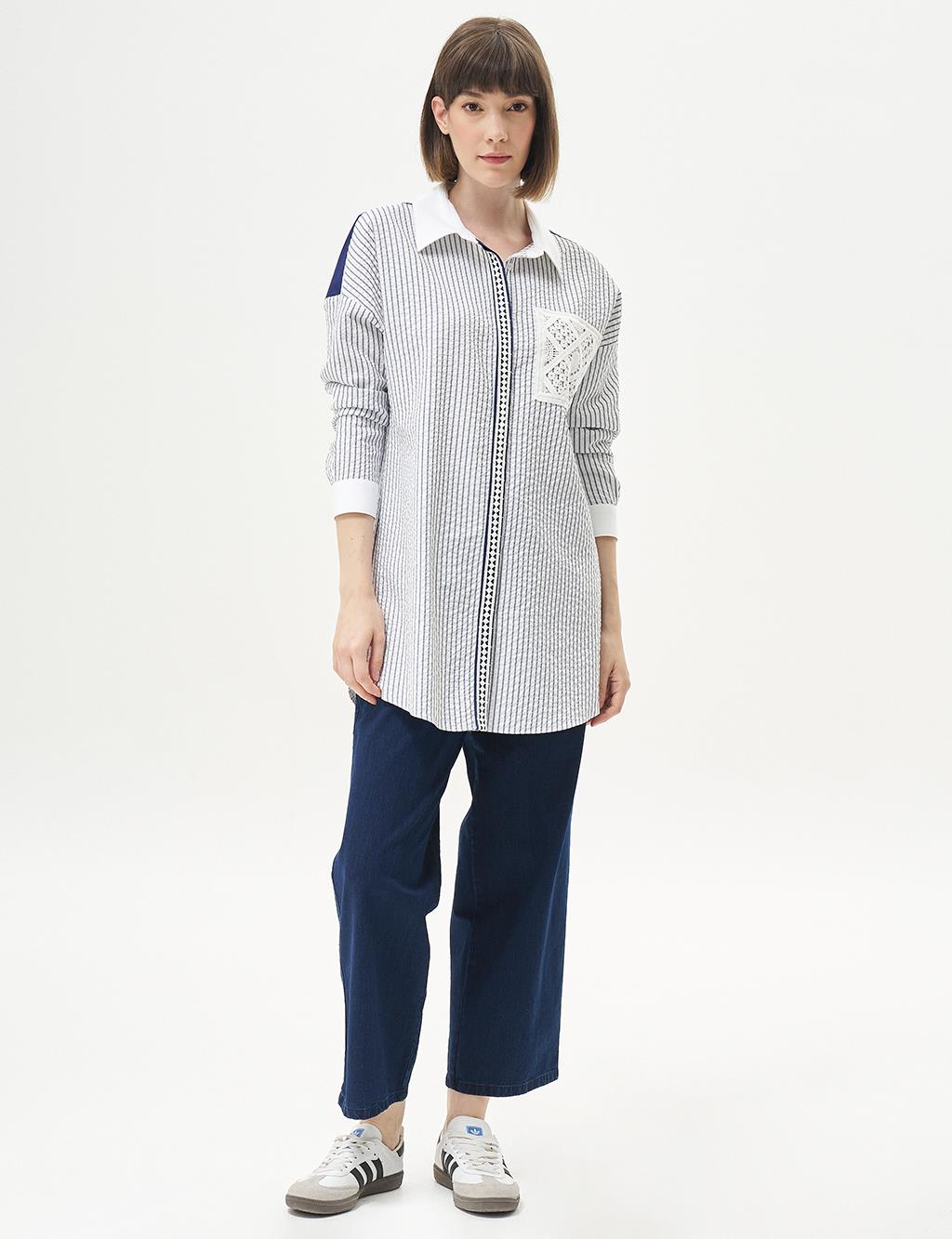 Stripe Detailed Sequined Tunic Navy Blue