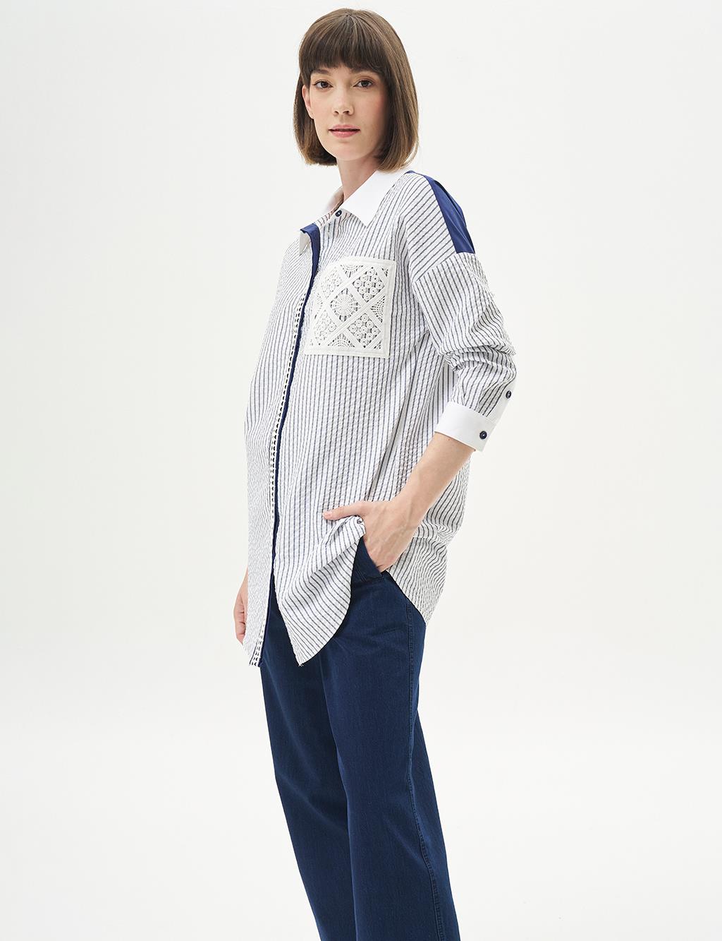 Stripe Detailed Sequined Tunic Navy Blue
