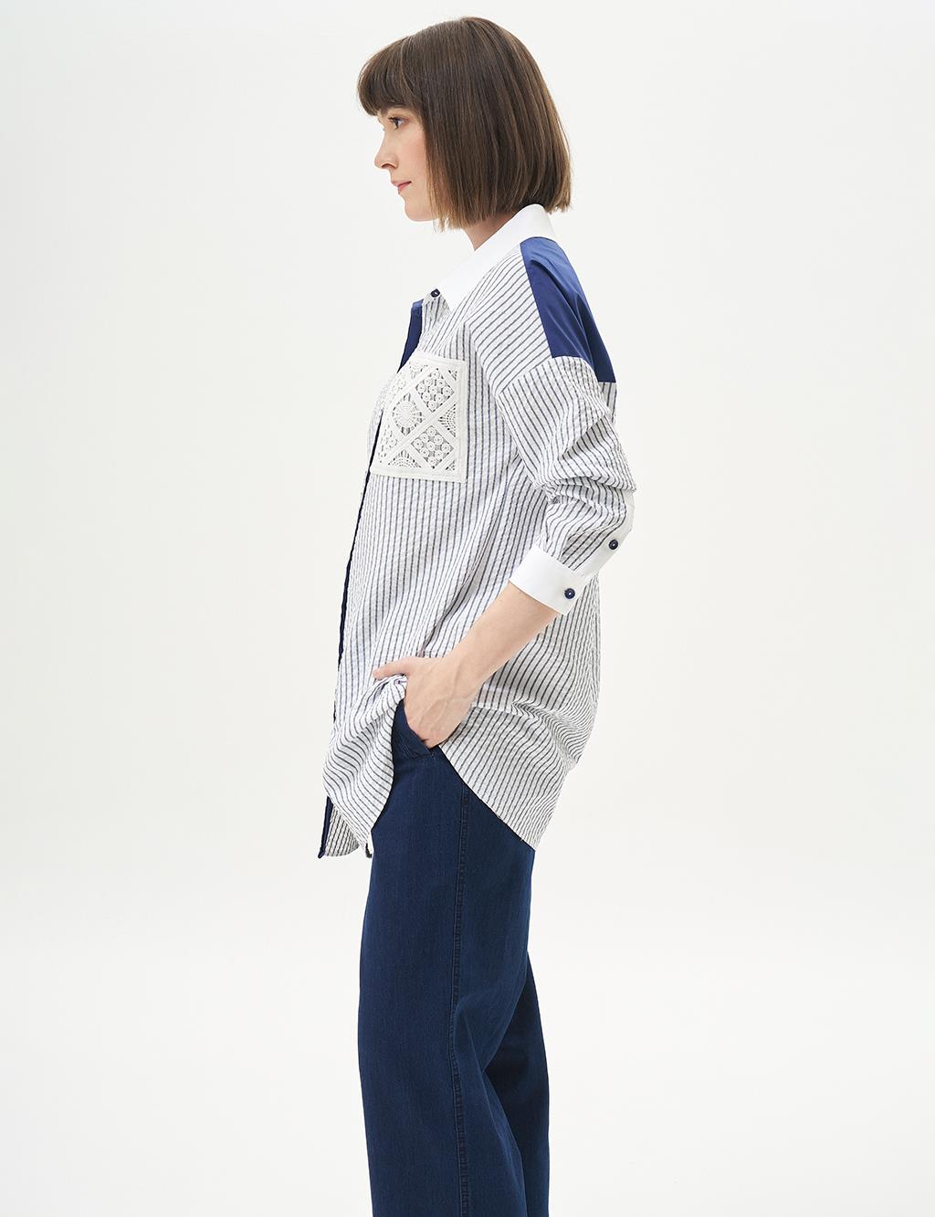 Stripe Detailed Sequined Tunic Navy Blue