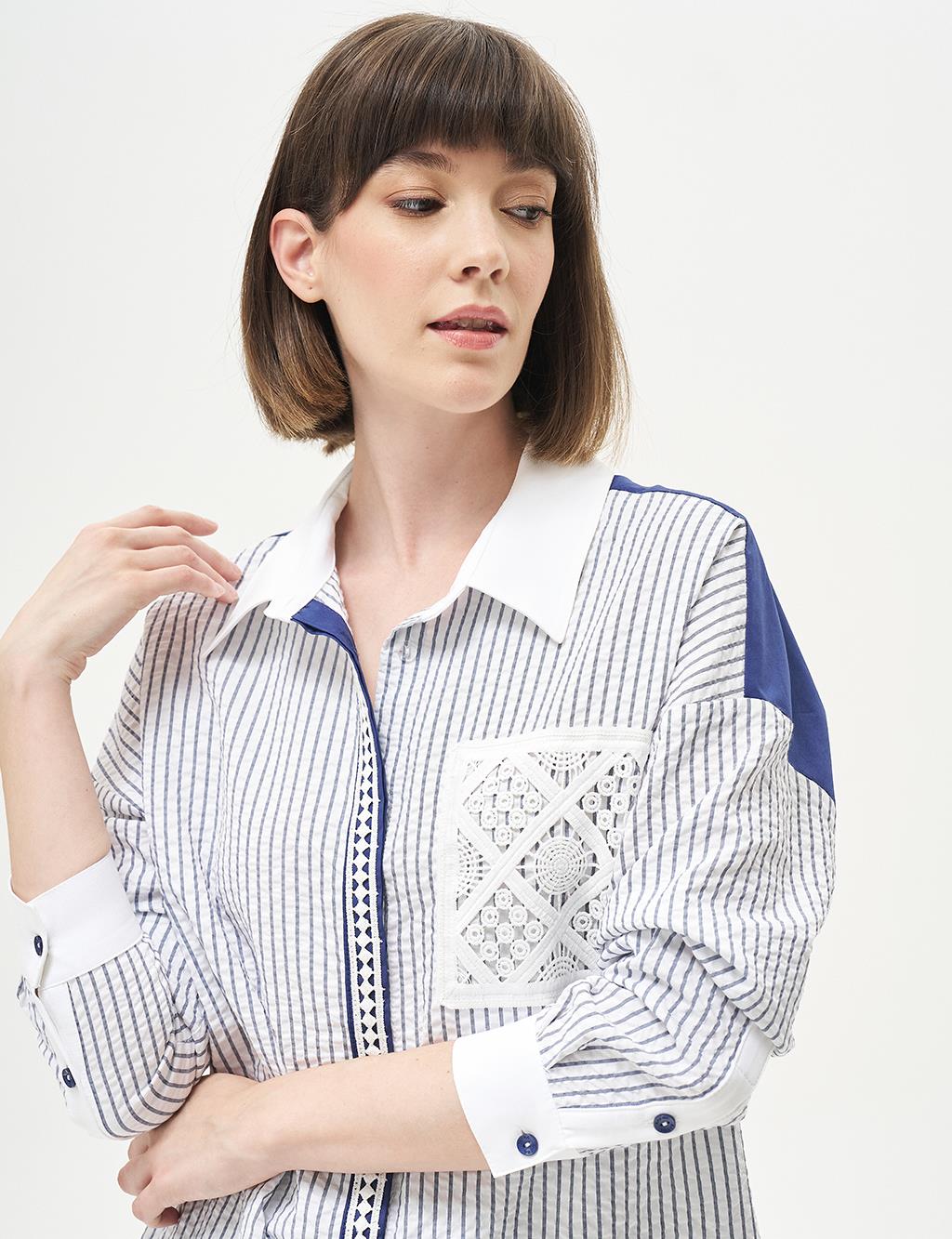 Stripe Detailed Sequined Tunic Navy Blue