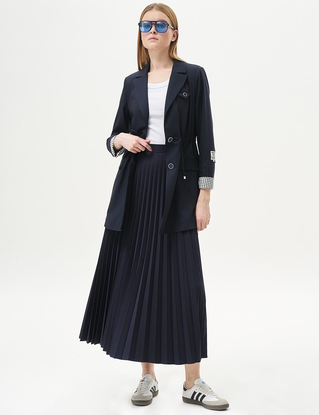 Buttoned Waist Gathered Jacket Dark Navy Blue