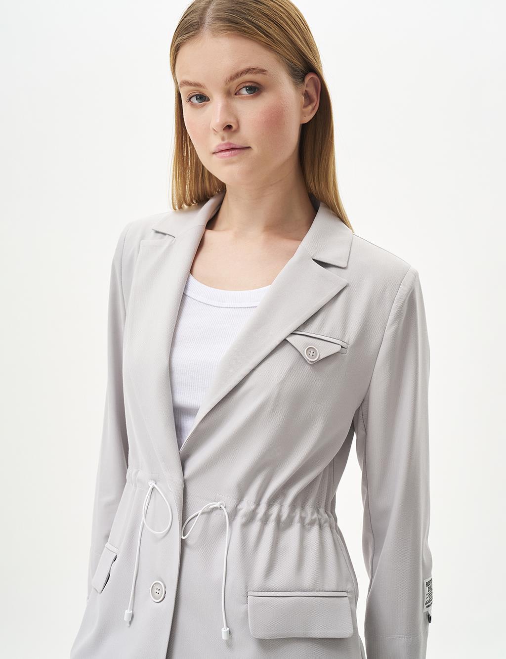 Buttoned Waist Gathered Jacket Gray