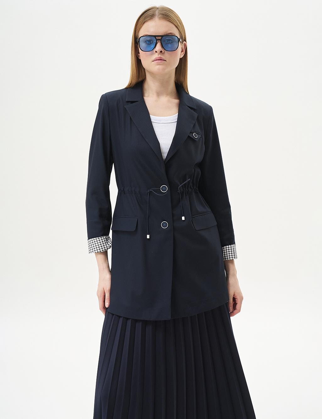 Buttoned Waist Gathered Jacket Dark Navy Blue