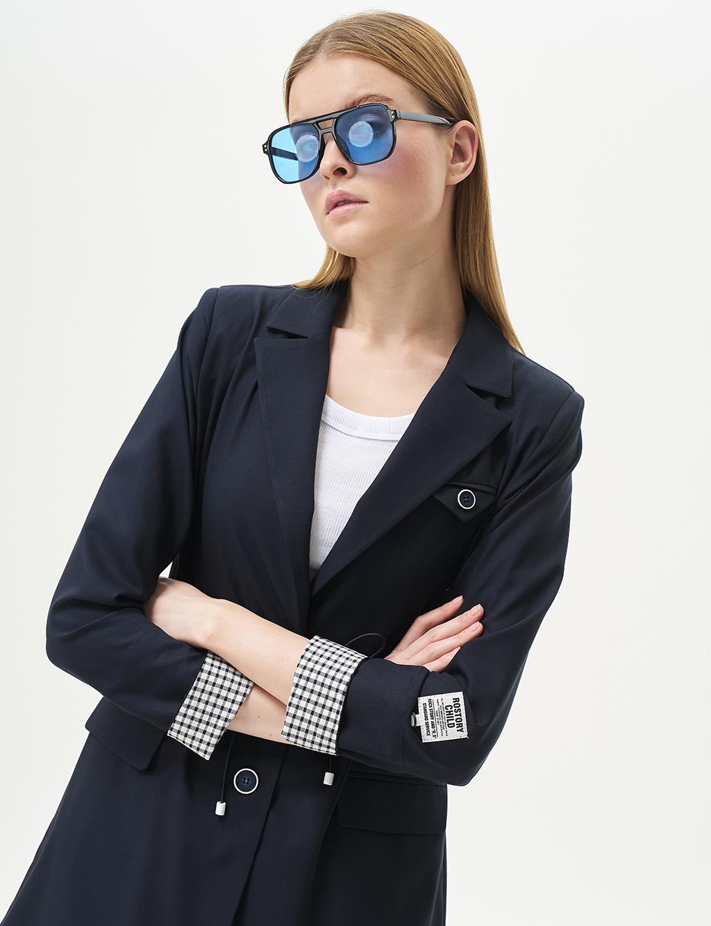 Buttoned Waist Gathered Jacket Dark Navy Blue