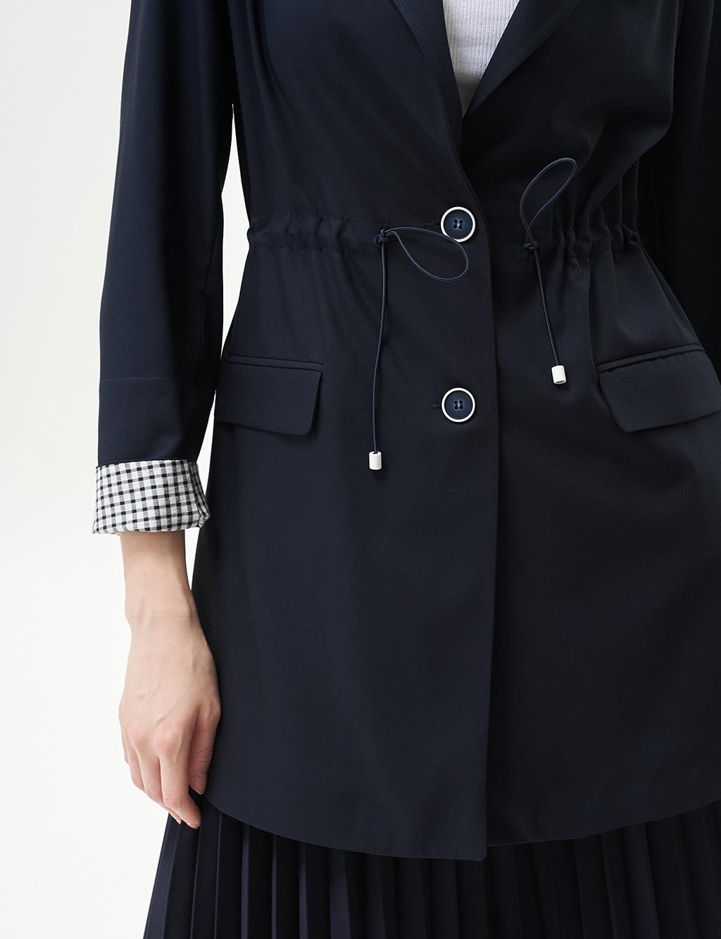 Buttoned Waist Gathered Jacket Dark Navy Blue