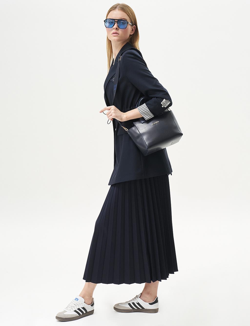 Buttoned Waist Gathered Jacket Dark Navy Blue
