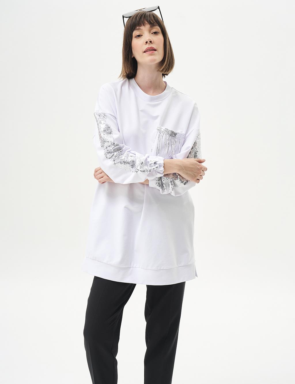 Pul Payet Garnili Sweatshirt Optik Beyaz 