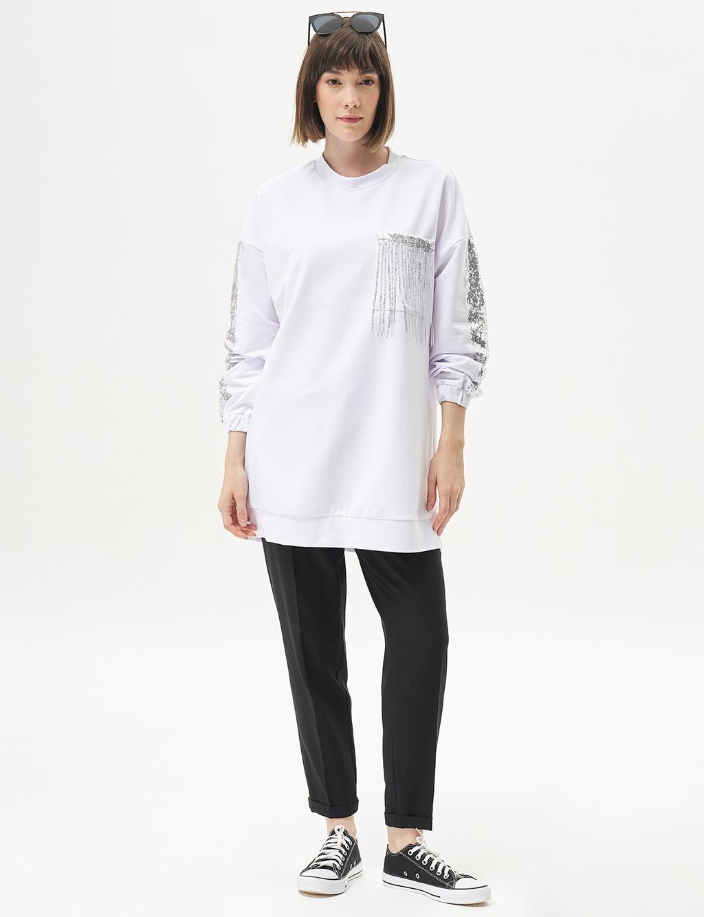 Pul Payet Garnili Sweatshirt Optik Beyaz 
