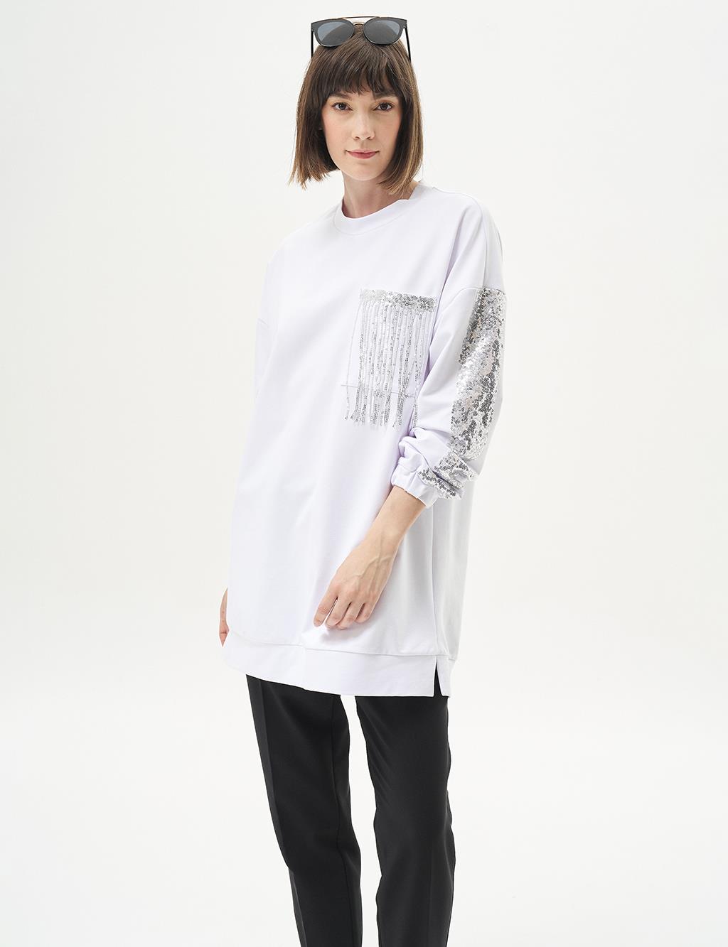 Pul Payet Garnili Sweatshirt Optik Beyaz 