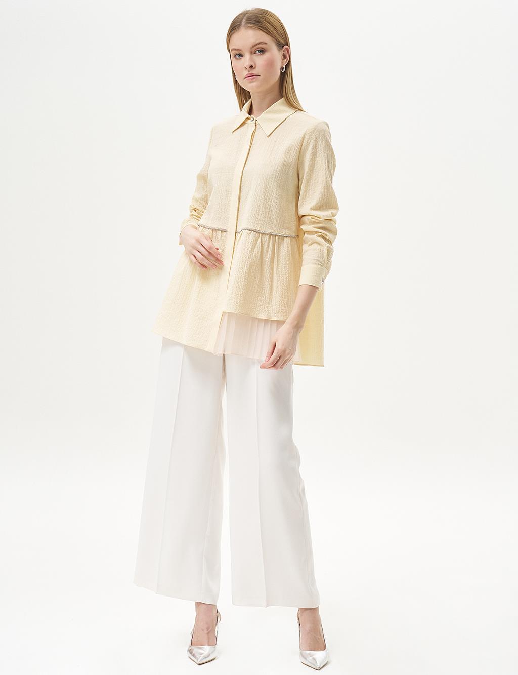 Stone-Detailed Waffle Blouse in Light Yellow