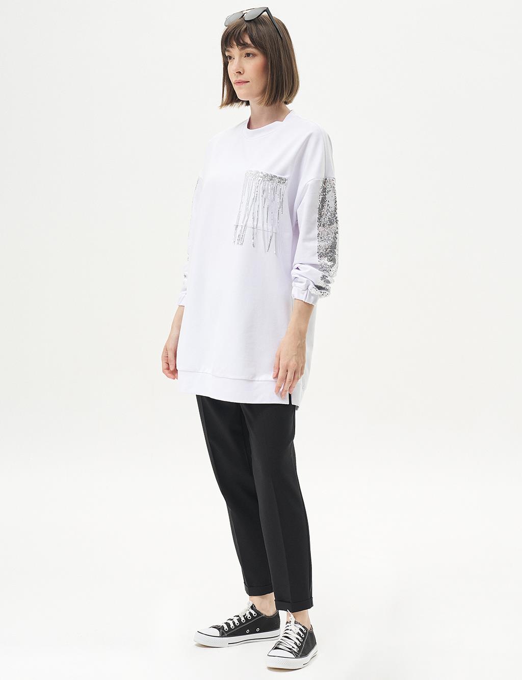 Pul Payet Garnili Sweatshirt Optik Beyaz 