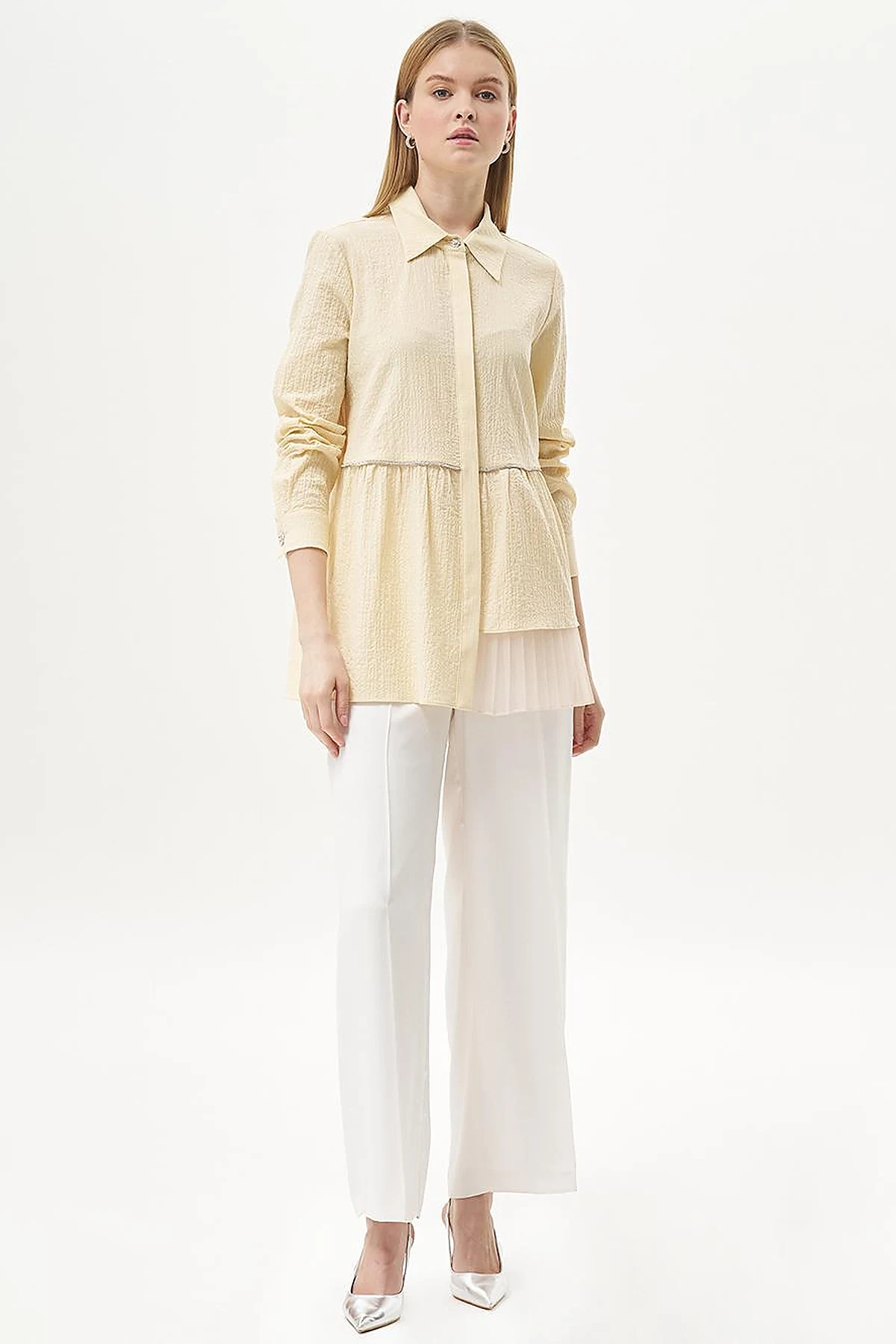 Stone-Detailed Waffle Blouse in Light Yellow