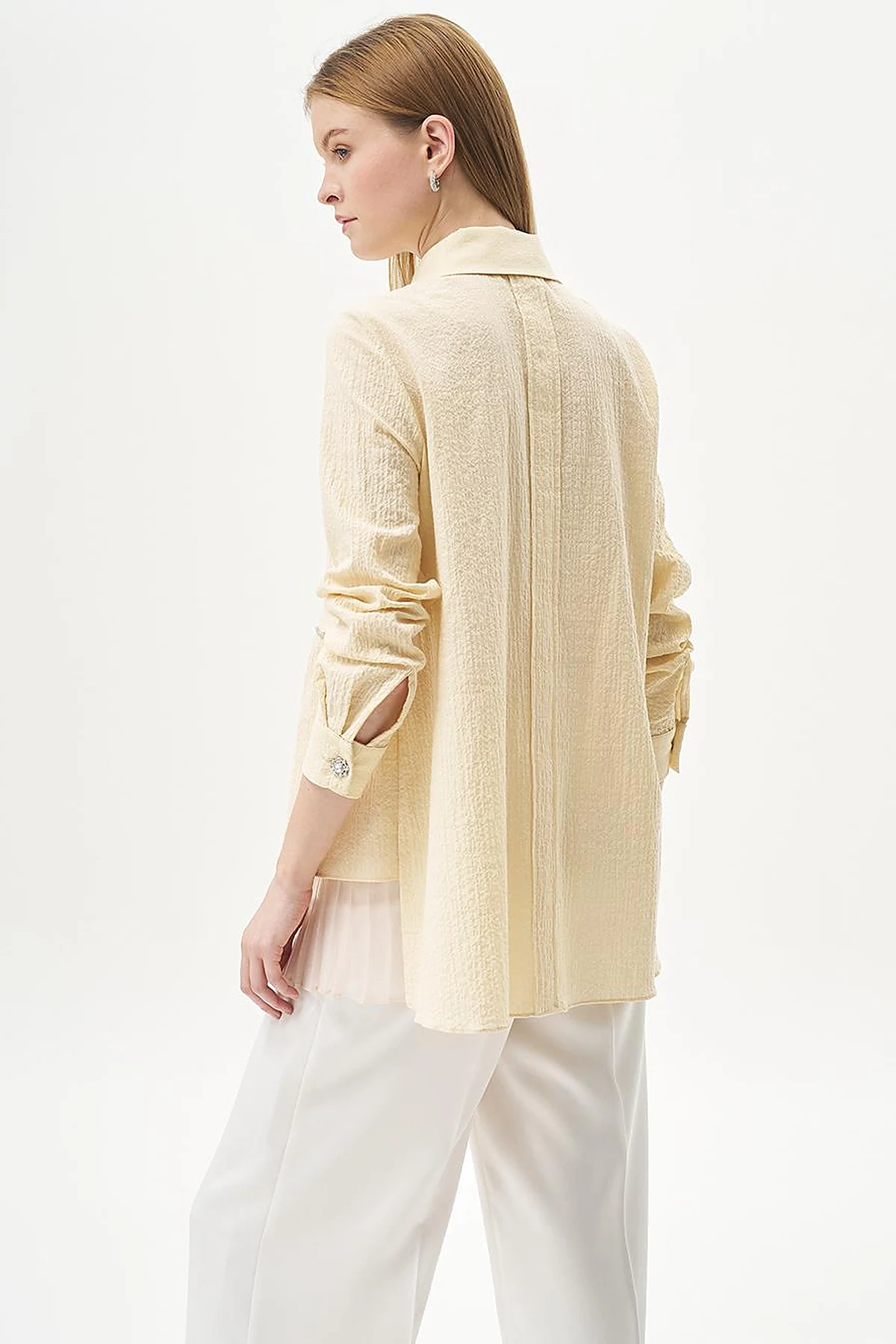 Stone-Detailed Waffle Blouse in Light Yellow