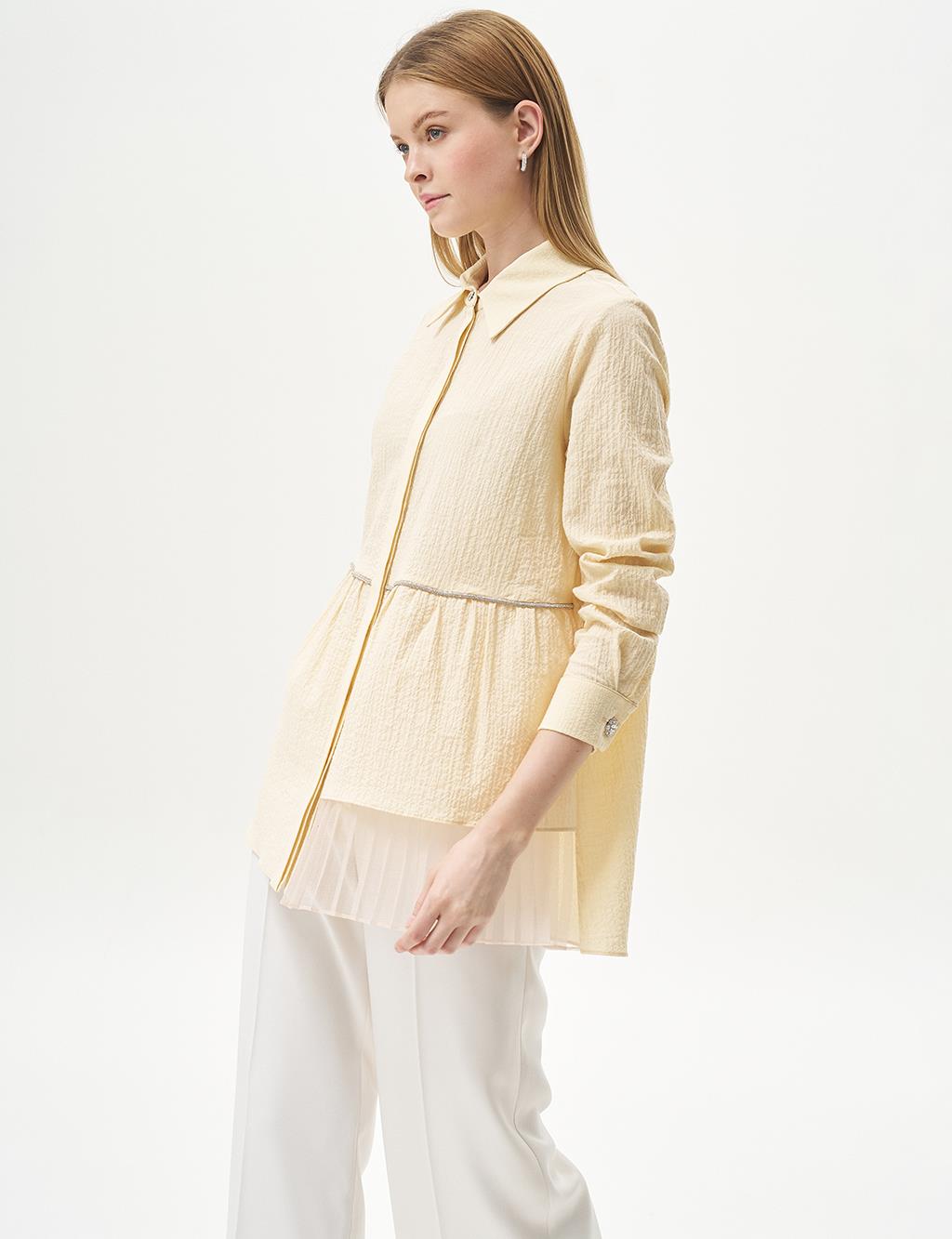 Stone-Detailed Waffle Blouse in Light Yellow