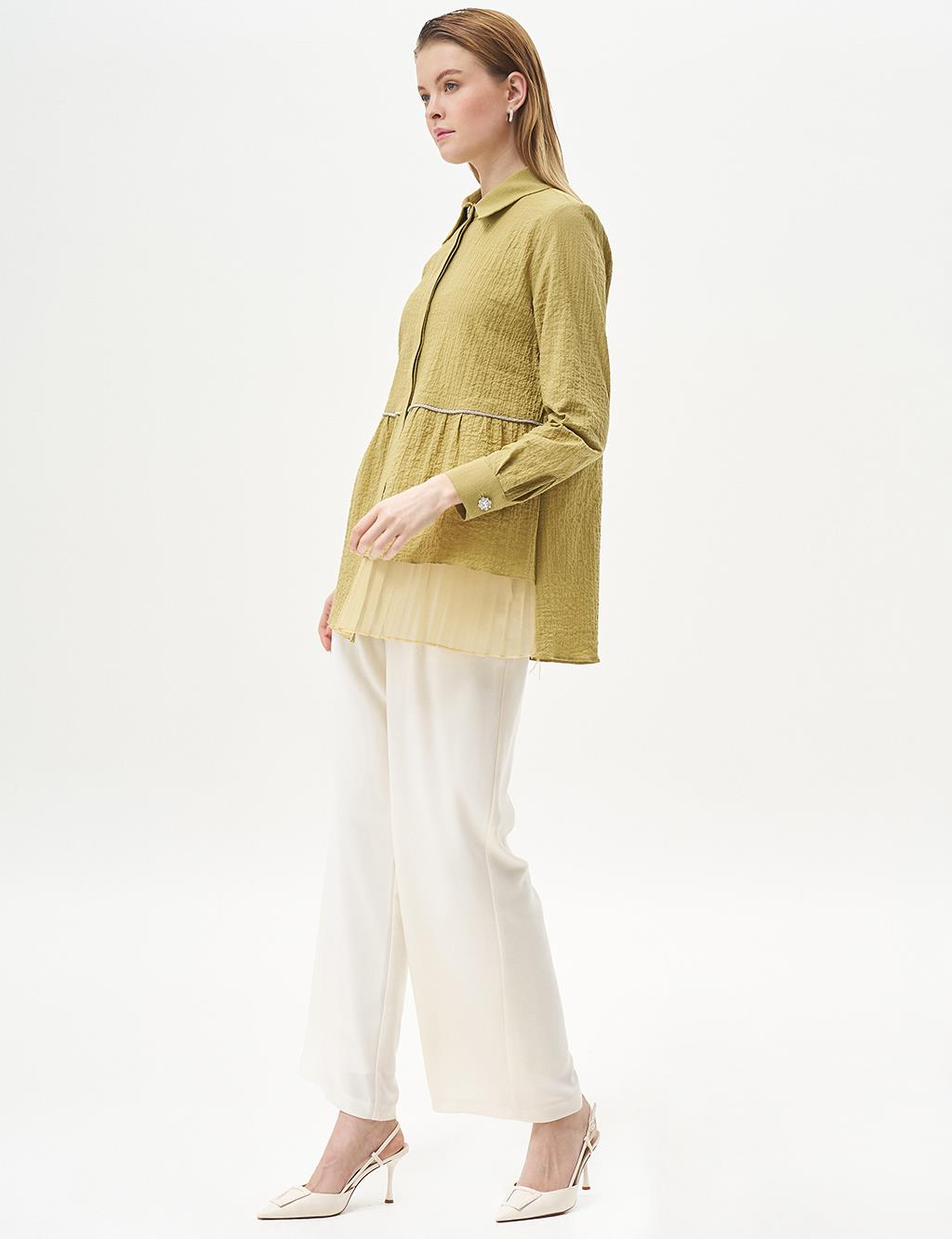 Stone-Detailed Waffle Blouse in Khaki 